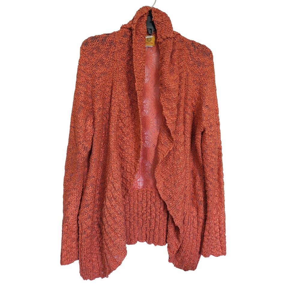 Ruby Rd Wmns Orange On The Fringe Shimmering Textured Lace Open Knit Cardigan XL